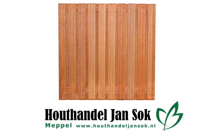 Tuinscherm hardhout 21 planks (19+2) Dronten 180 x 180 Planken: 1.4x14.0cm / 19 stuks Schuttingen / Hekken Schutting schermen  bij Houthandel Jan Sok