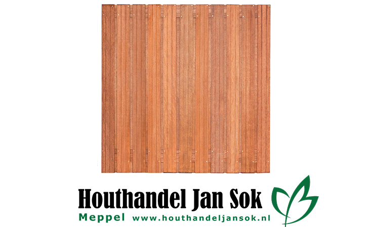 Tuinscherm hardhout 23 planks (21+2) Hoorn 180 x 180 Planken: 1.4x14.0cm / 21 stuks Schuttingen / Hekken Schutting schermen  bij Houthandel Jan Sok