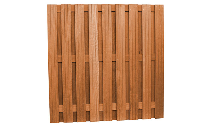 Hardhouten geschaafd plankenscherm 21-planks, recht verticaal, 180 x 180 cm, betonsysteem. Schuttingen / Hekken Schutting schermen  bij Houthandel Jan Sok