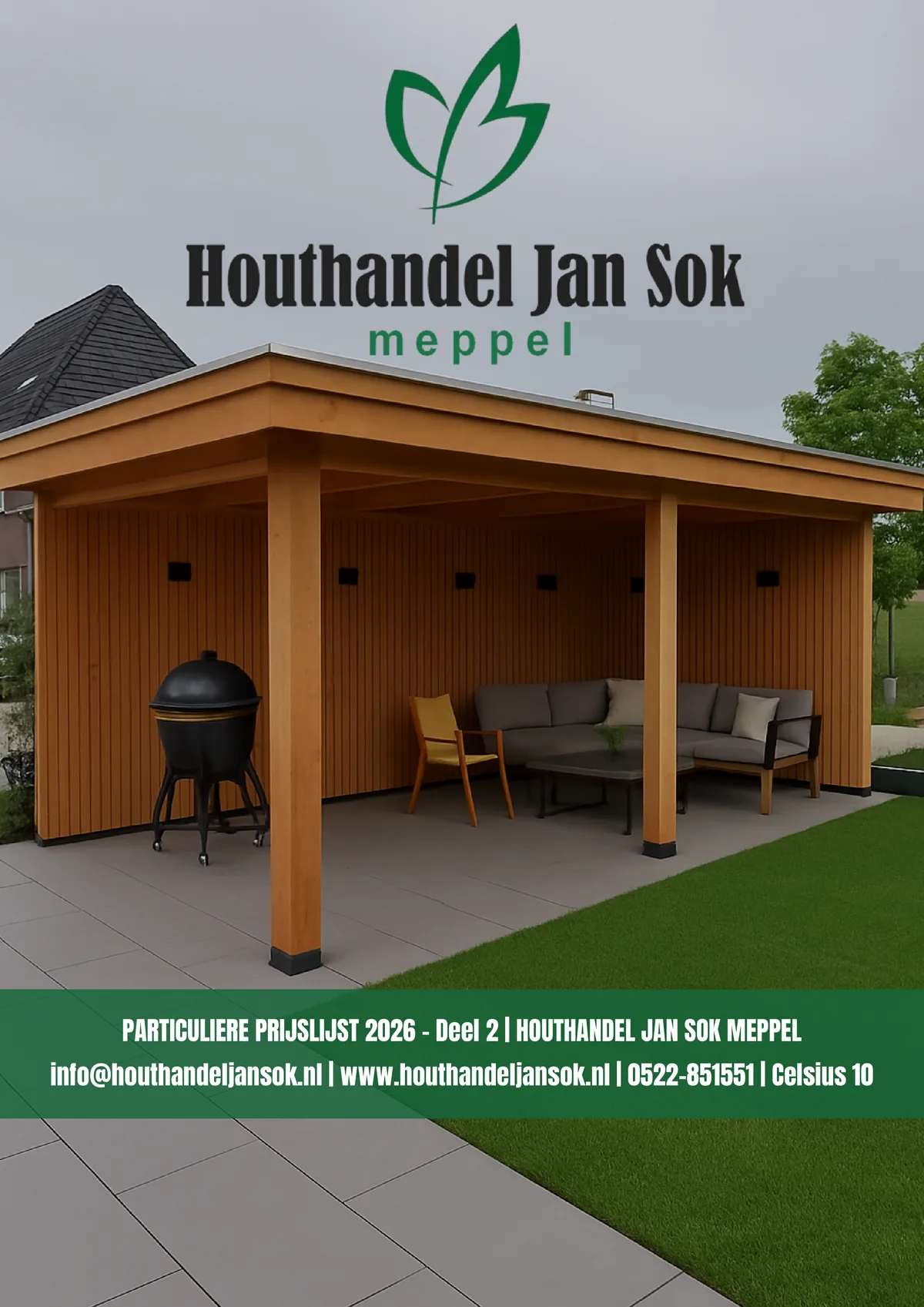 Omslag Particuliere prijslijst 2026 – Deel 2: overkapping van Douglas hout met loungeset in een tuin